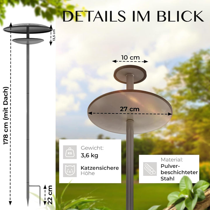 Vogelhaus mit Ständer wetterfest, rostfrei aus Stahl [XXL 40cm Dach] 2in1 Vogelfutterhaus und Vogelt