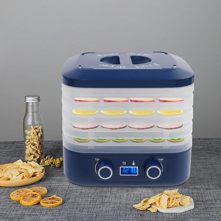 Dörrautomat mit 5 Tabletts, Dörrgerät 35-70°C &amp; 48h Timer, LED-Display, 360° Heissluft – Obsttrockne