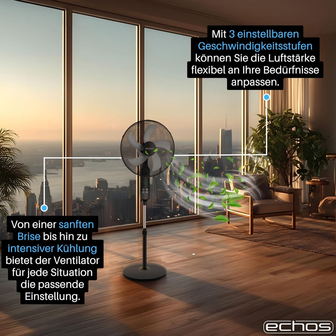 Echos® Standventilator 46cm Leise mit Fernbedienung 46 cm – 50W Leistungsstarker Standlüfter mit 3 G