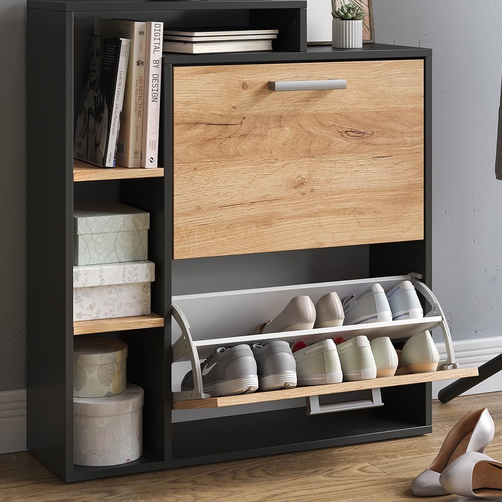 Vicco Schuhkipper Orlando, Goldkraft Eiche/Anthrazit, 24.5 x 90 cm 2 Fächern, mit zwei Klappregalen