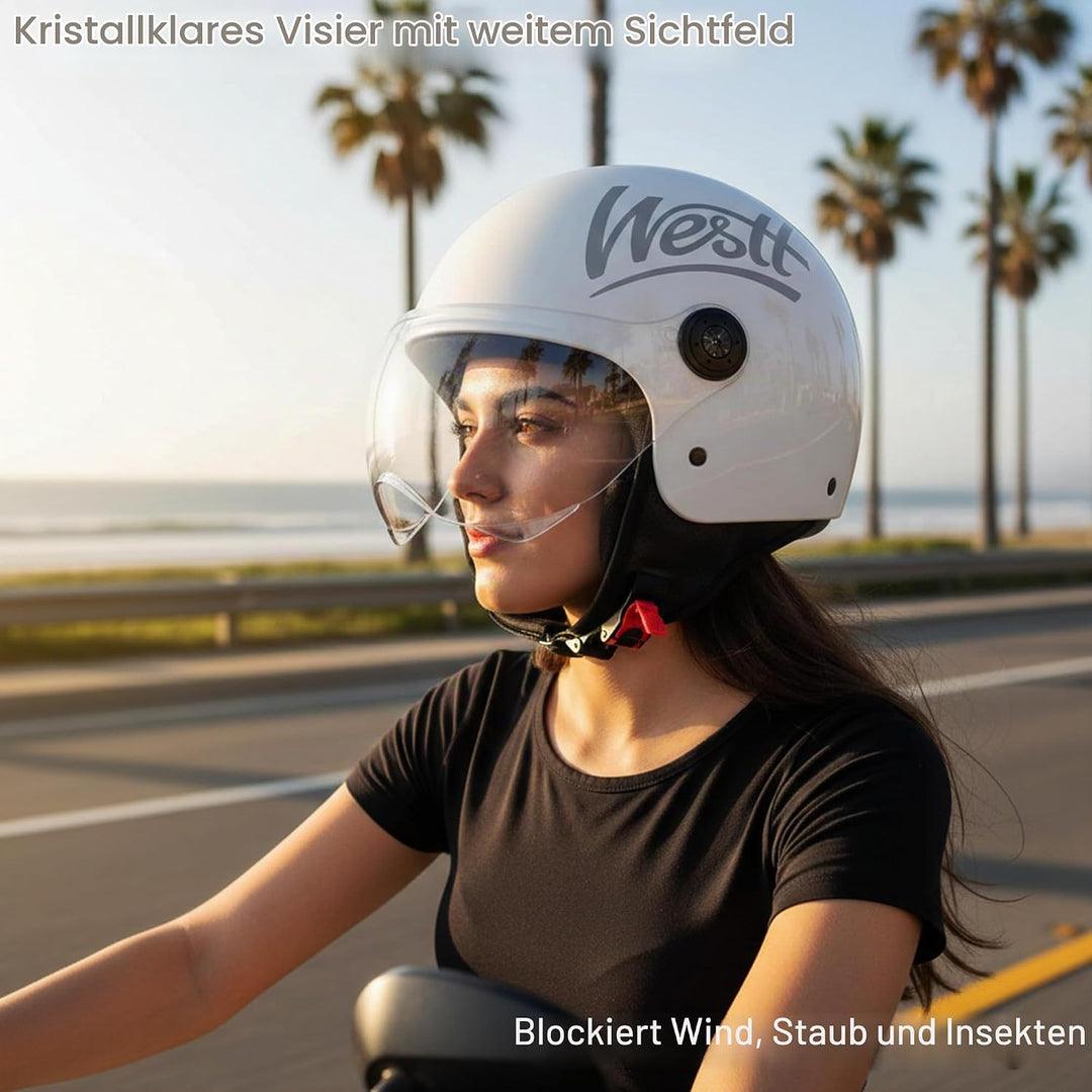 Westt Jethelm mit Visier ECE 22.06 – Leichter Motorradhelm für Damen und Herren – Roller Helm Mopedh