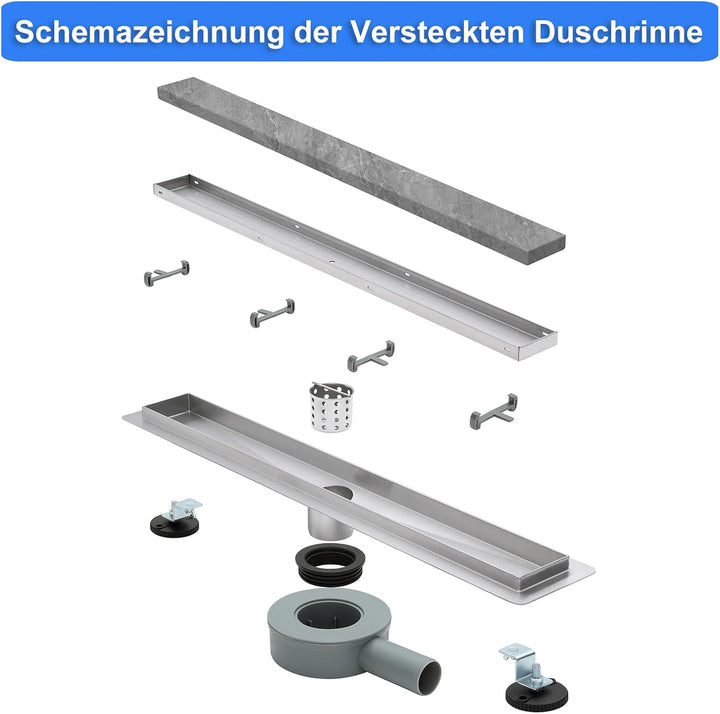 Duschrinne Befliesbar 60cm Gebürstet, 360° Siphon mit Geruchsstop und Haarsieb, 304 Edelstahl Ablauf