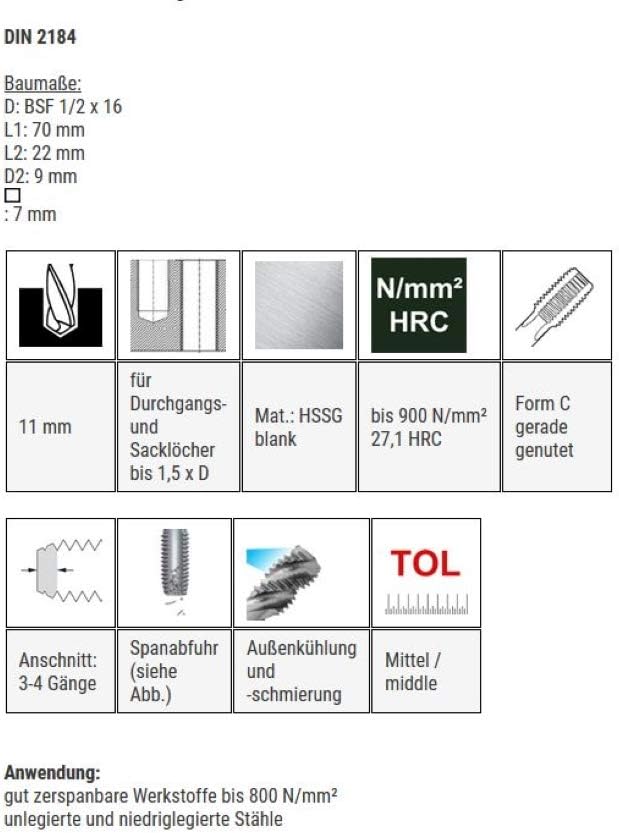 BAER Einschnittgewindebohrer Form C, BSF 1/2 x 16, HSSG, Gewindeschneider, Gewindebohrer, Gewinde, B
