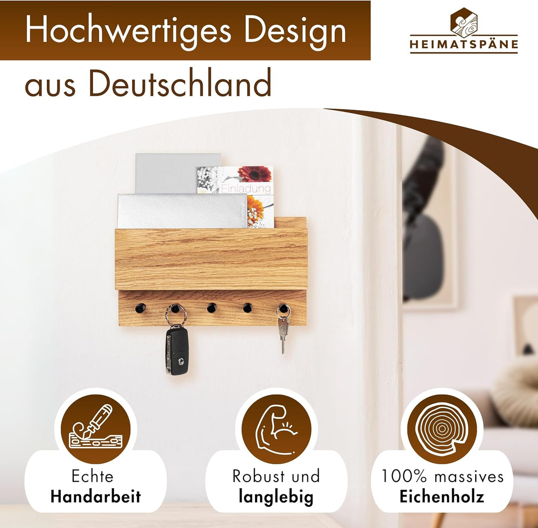 Schlüsselbrett Holz mit Ablage - massives Eichenholz, hochwertige schwarze Edelstahlhaken, Schlüssel