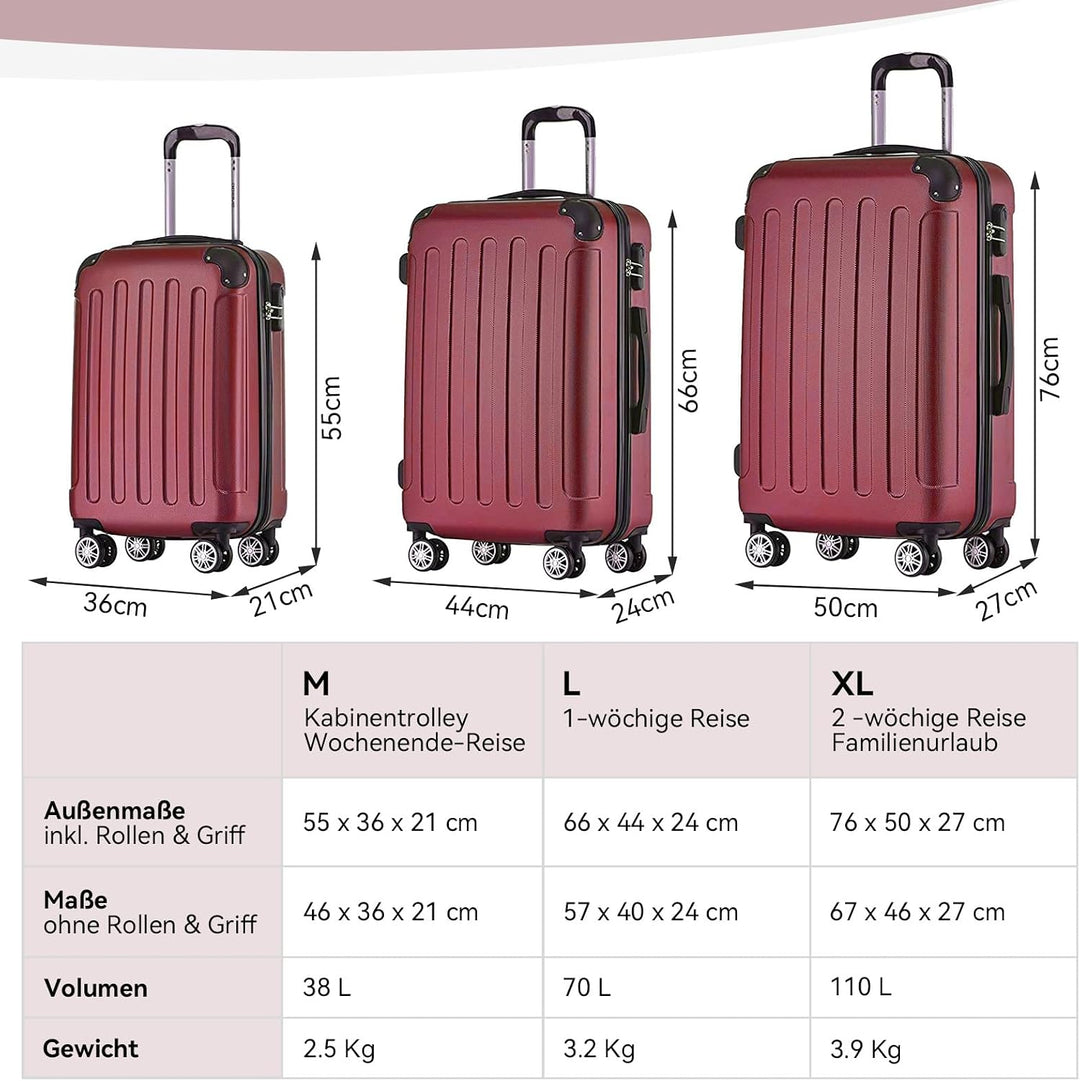 BEIBYE Hartschalen-Koffer Trolley Rollkoffer Reisekoffer Handgepäck 4 Rollen (M-L-XL-Set) (Weinrot,