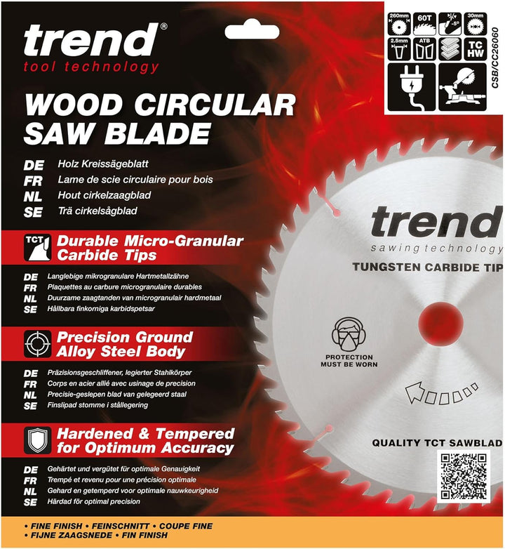 Trend CraftPro Negative Hook Crosscutting TCT Kreissägeblatt, 260mm Durchmesser x 60 Zähne x 30mm Bo