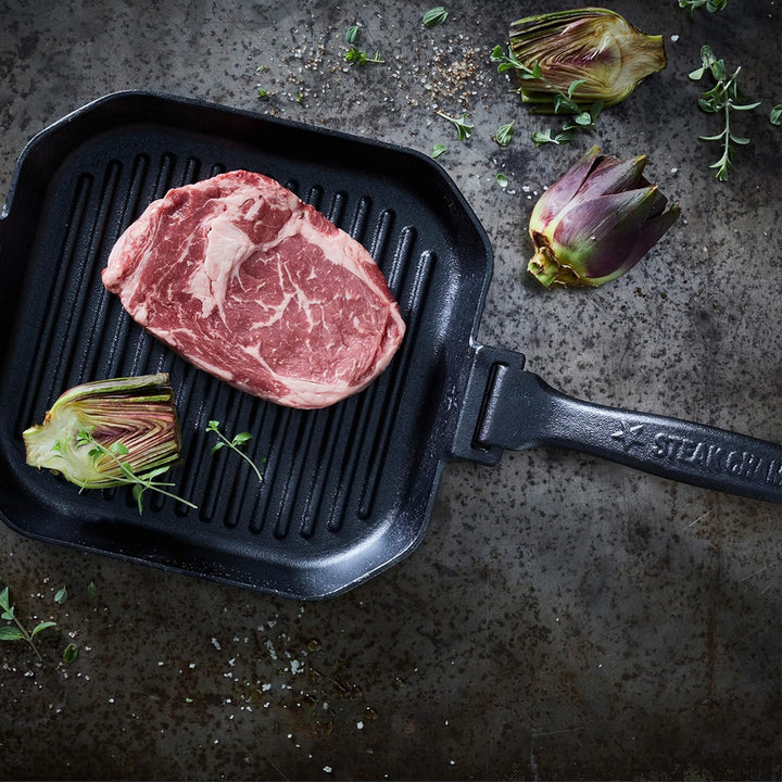 STEAK CHAMP Gusseisen Grillpfanne - Grillpfanne aus Gusseisen 26cm (quadratisch) mit abnehmbaren Gri