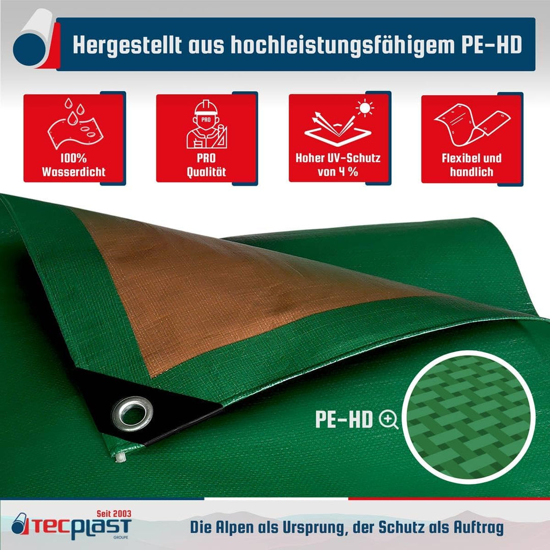 Schutzplane 6x10 m - TECPLAST 250MU - Grün und Braun - Hohe Leistung - wasserdichte Plane - Anti UV-