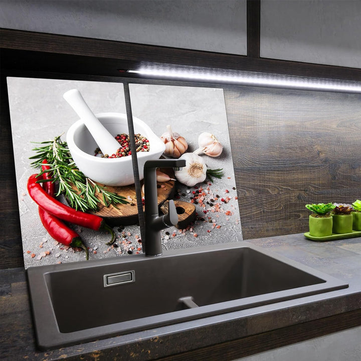 SmartDecoration Herdabdeckplatte Ceranfeldabdeckung aus Glas 2 x 30x52 cm Zweiteilig Motiv "Gewürze"