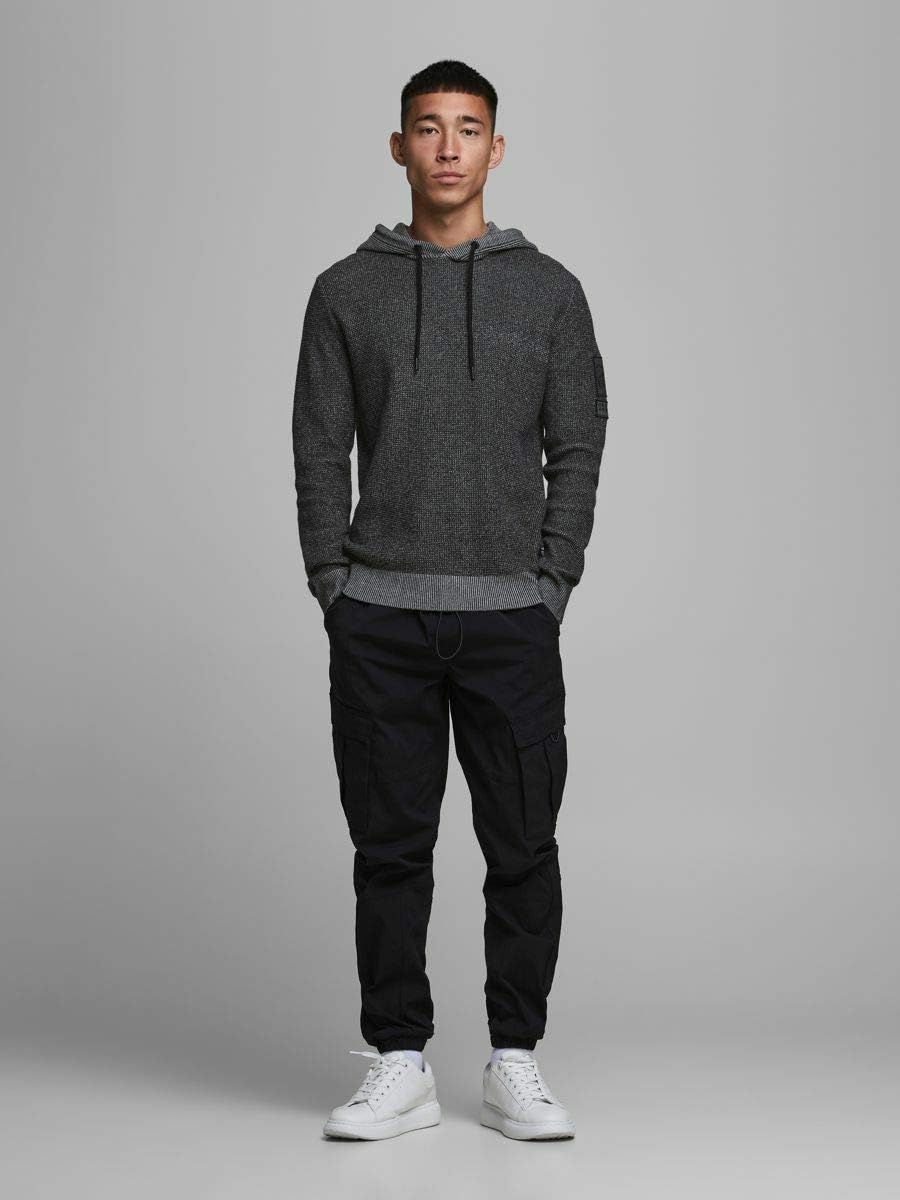 JACK & JONES Herren Jcobadge Knit Hood Sts Kapuzenpullover, Black, S EU