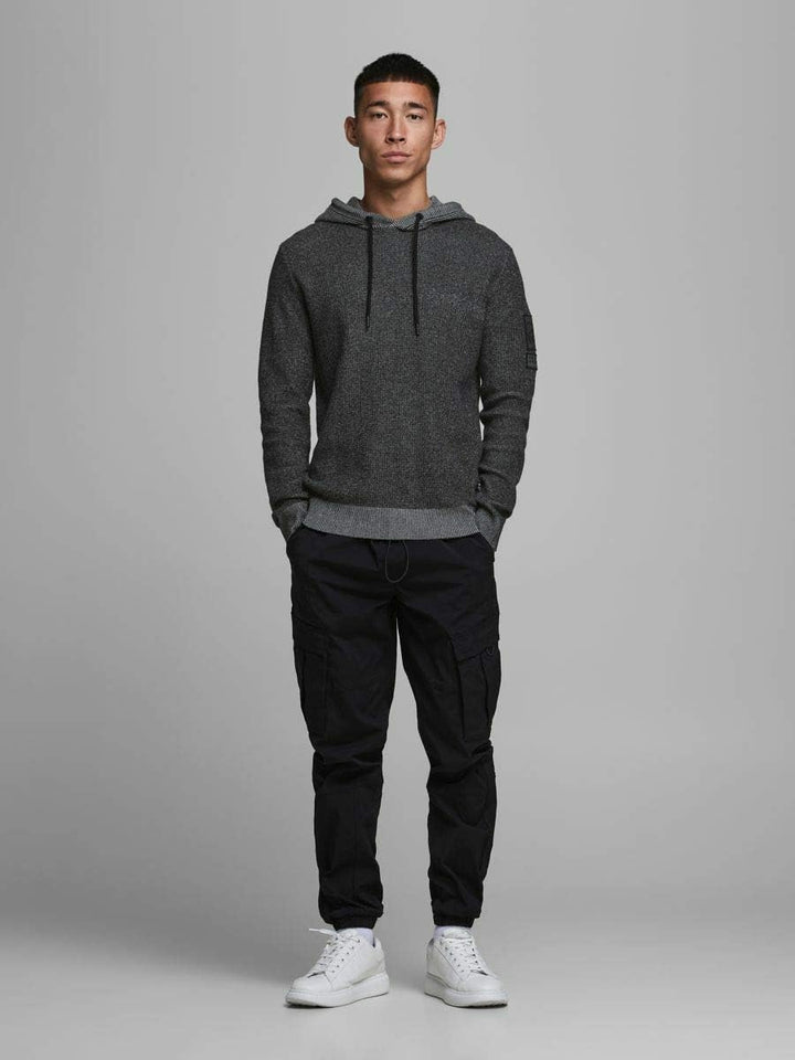 JACK & JONES Herren Jcobadge Knit Hood Sts Kapuzenpullover, Black, S EU