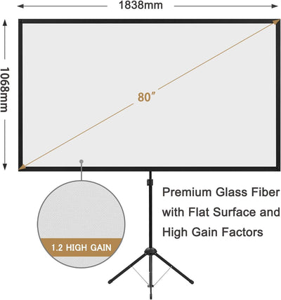 Beamer Leinwand mit Stativ, Tragbar Projektor Leinwand 80 Zoll, 16:9, 4K HD Projektion Leinwand, Lei