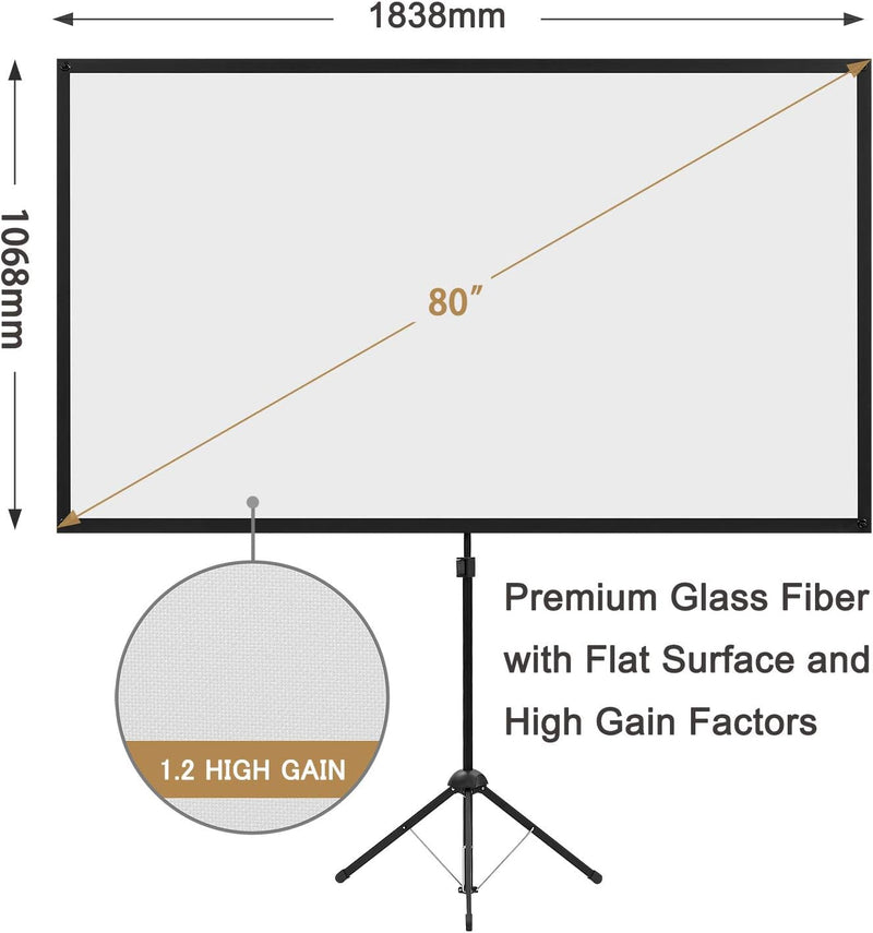 Beamer Leinwand mit Stativ, Tragbar Projektor Leinwand 80 Zoll, 16:9, 4K HD Projektion Leinwand, Lei