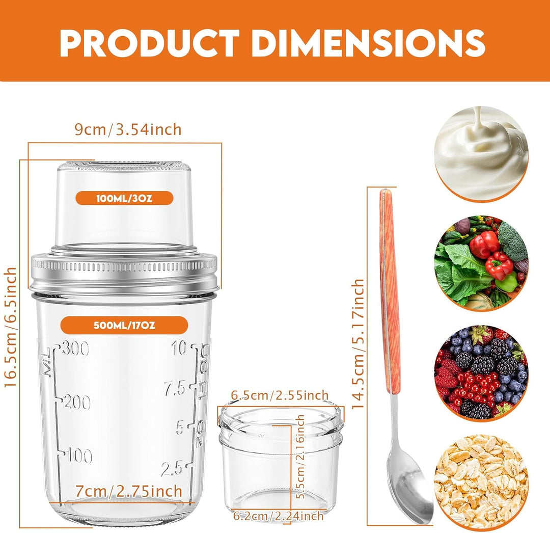 4 Stück Müslibecher To Go,500 ml + 90 ml,Doppelschicht Design,Trocken/Flüssig Trennung,Overnight Oat