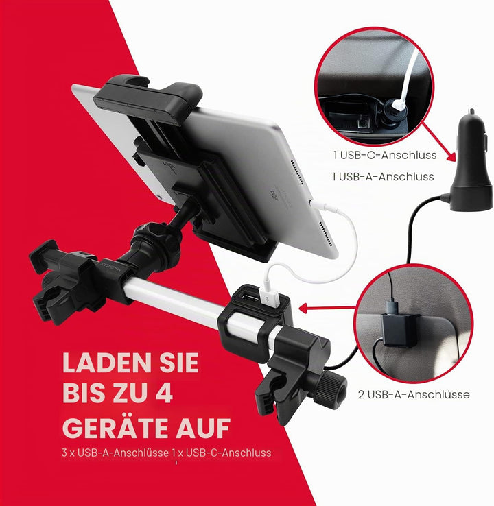 Macally Auto-Kopfstützen Tablet-Halterung mit USB-Lade-Hub & Zigarettenanzünder-Adapter – lädt 4 Ger