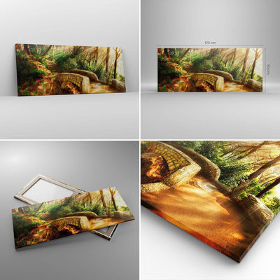 Wandbilder Dekoration Wohnzimmer Pfad Steinbrücke Wald Herbst Panorama Bilder auf Leinwand 120x50cm