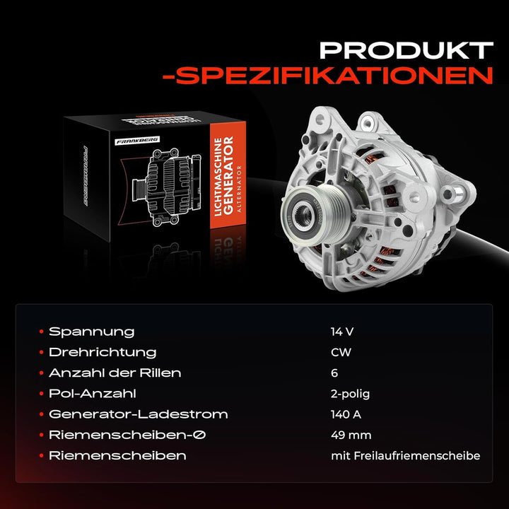 Frankberg Lichtmaschine Generator 140A Kompatibel mit A1 8X1 8XK 1.4L 2011-2015 A3 8P1 1.4L 2007-201