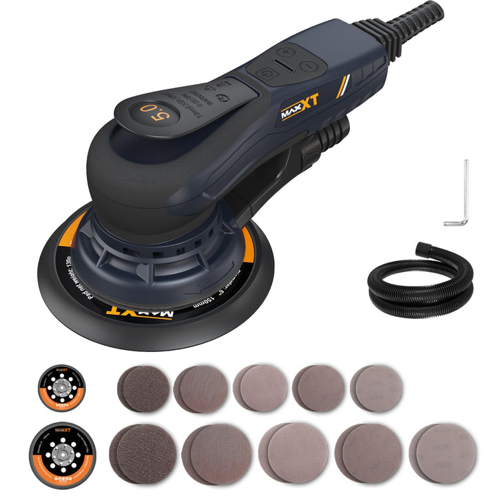 Bürstenloser MAXXT Elektroschleifer 350 W – Exzenterschleifer 5.0 mit 150 & 125 mm Scheiben, Dreiker