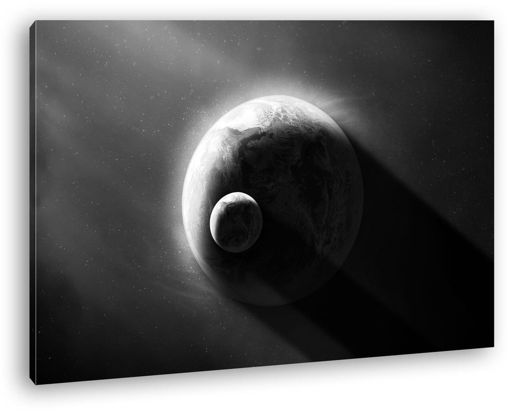 deyoli Dark Planet Erde mit Mond Effekt: Schwarz/Weiss Format: 80x60 als Leinwandbild, Motiv fertig