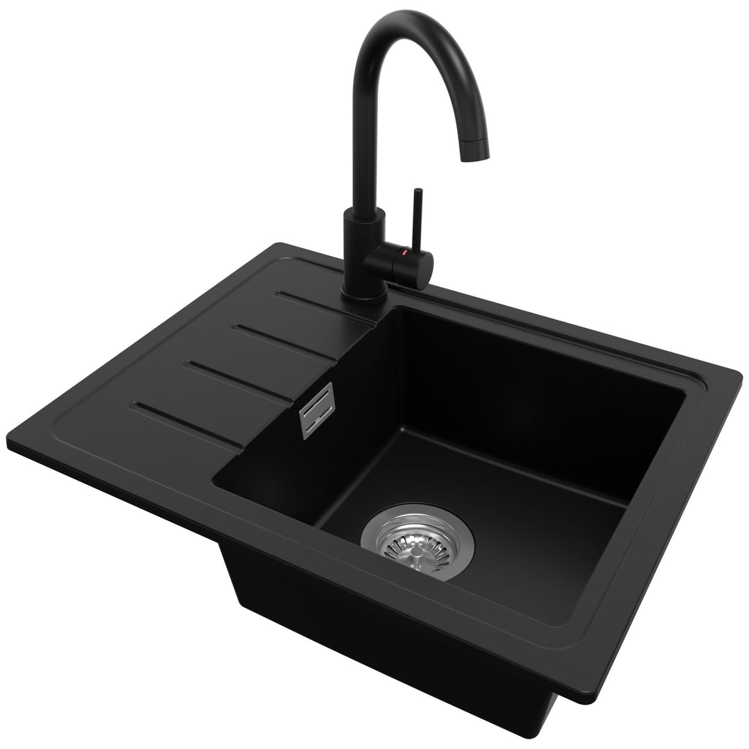 Spülbecken Schwarz 55x44 cm, Granitspüle + Ablauf-Set + Küchenarmatur 5000, Küchenspüle für 45er Unt