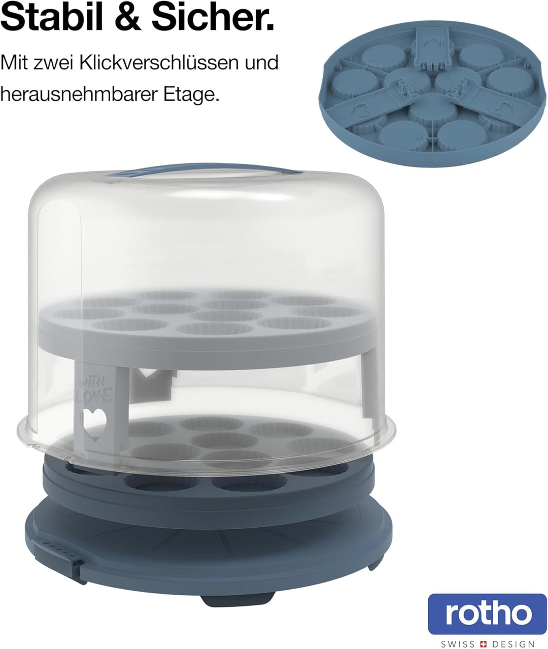 Rotho Fresh Tortenglocke hoch mit Trays, lebensmittelechter Kunststoff (PP) BPA-frei, blau/transpare