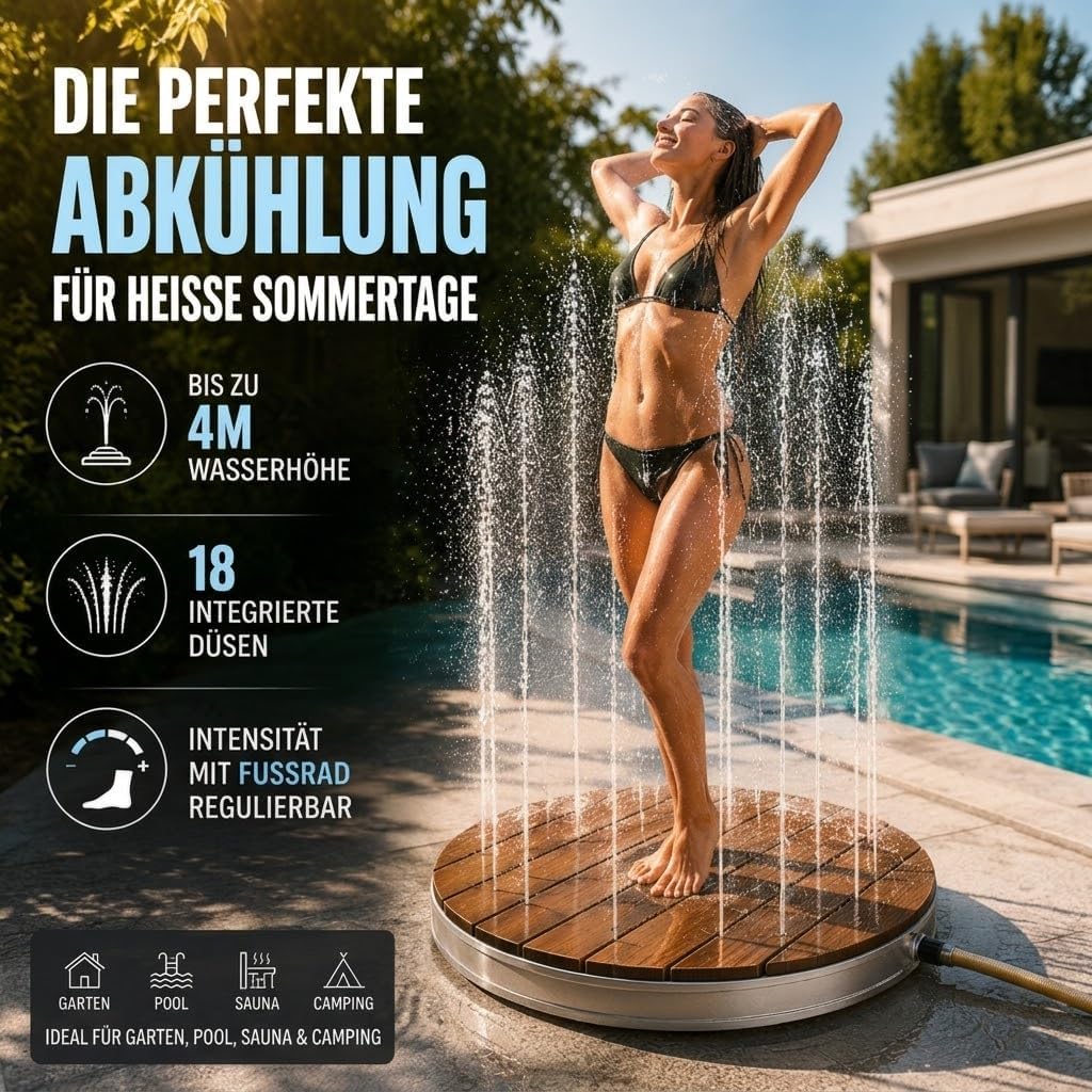 poolomio® Bodendusche Outdoor Ø 74 cm | Premium Gartendusche aus WPC mit 18 Wasserfontänen & bis 4 m