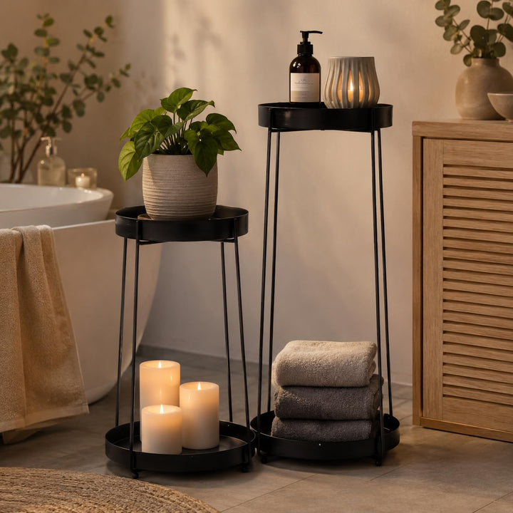 Pflanzenständer Metall 2er Set Schwarz – je 2 Ebenen, 58 + 46 cm | Teller Ø 25 + 20 cm, für Pflanzen