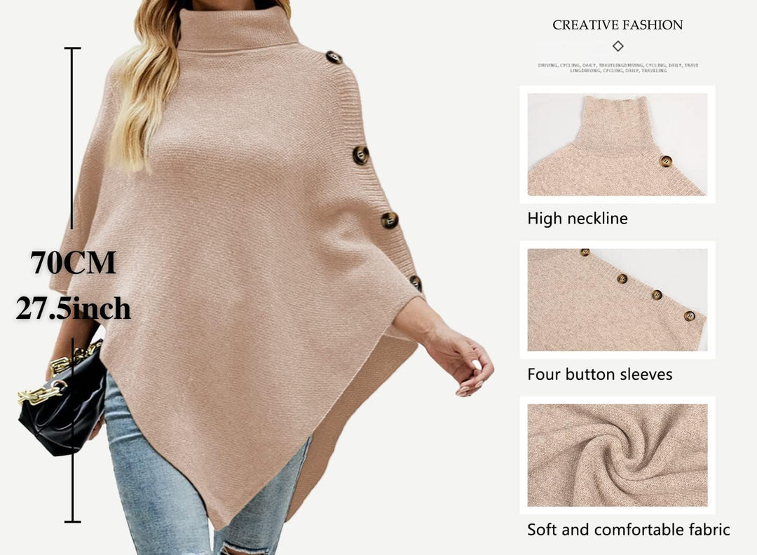 JFAN Poncho Damen Elegant Strick Umhang mit Hohem Kragen und Vier Knöpfen Herbst/Winter, Einheitsgr&