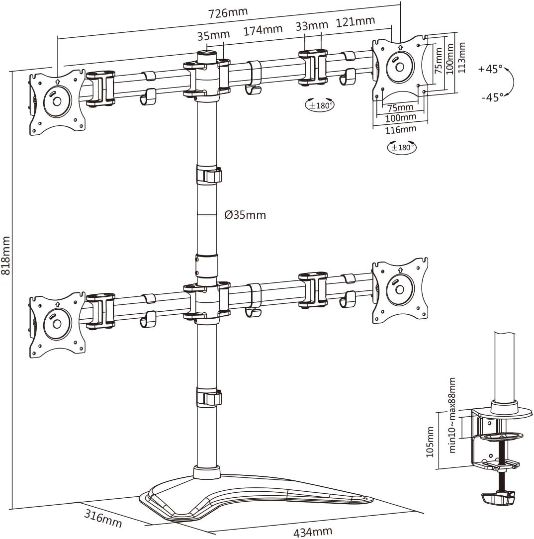 DIGITUS Monitorhalterung - Standfuss - 4 Monitore - Bis 27 Zoll - Bis 4x 8 kg - VESA 75x75, 100x100