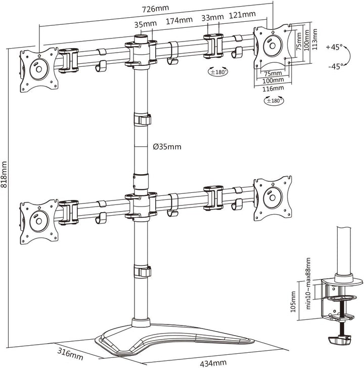 DIGITUS Monitorhalterung - Standfuss - 4 Monitore - Bis 27 Zoll - Bis 4x 8 kg - VESA 75x75, 100x100