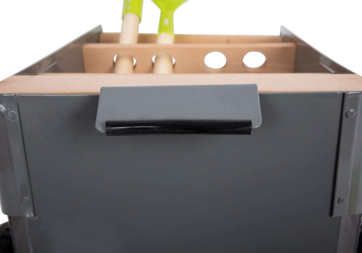 small foot 11663 Gartentrolley-Set aus Buchenholz und Metall inkl. Spaten, Rechen, Pflanztopf, Schau