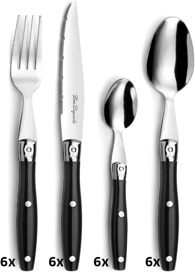 Lou Laguiole Steakbesteck | Steakmesser Set 24-teilig | Besteck für 6 Personen | Schwarz | Wellensch