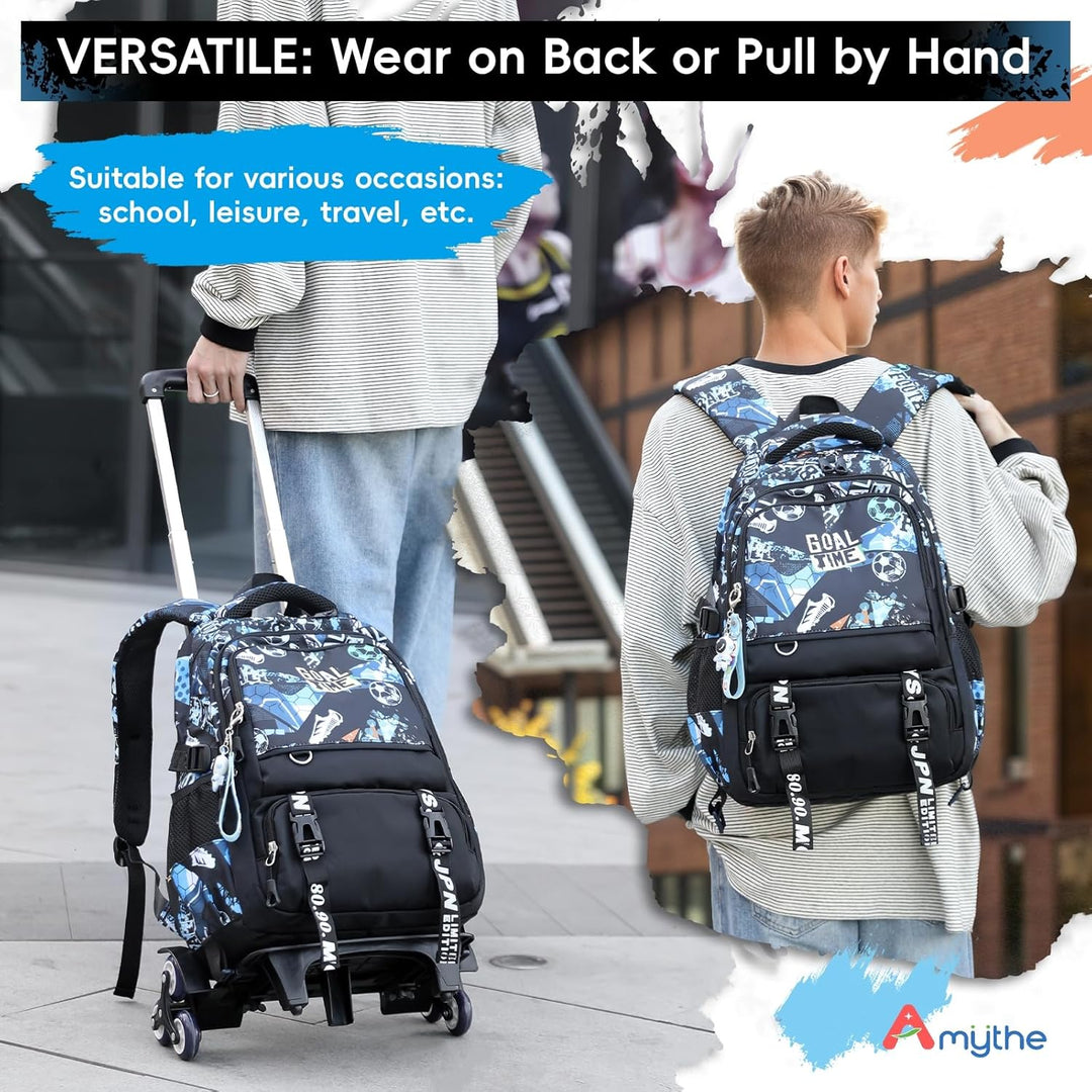 Amythe Schulrucksack Trolley für Jungen, Schulranzen mit Rollen für Kinder Teenager, Modischer Schul