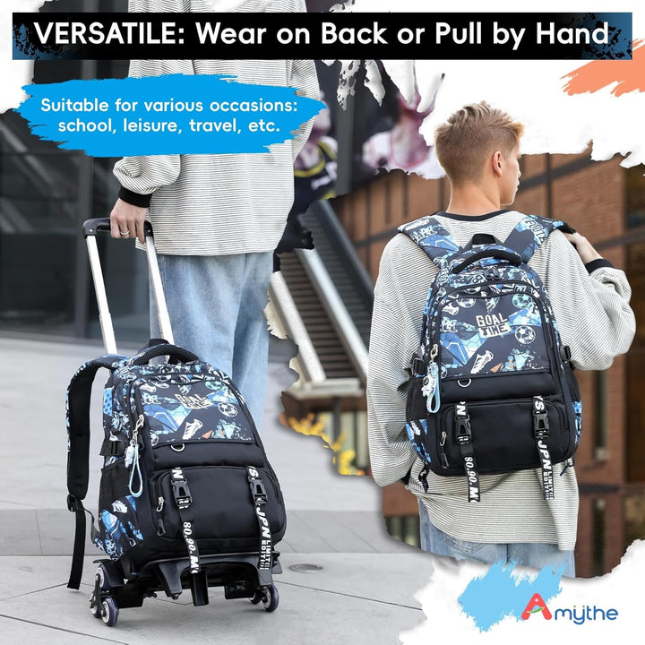 Amythe Schulrucksack Trolley für Jungen, Schulranzen mit Rollen für Kinder Teenager, Modischer Schul