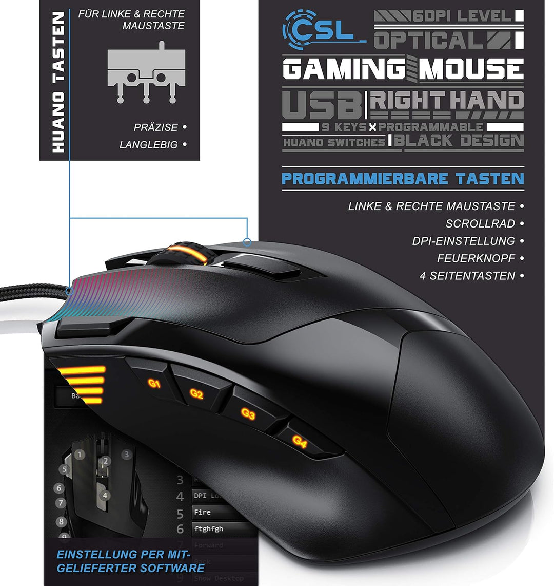 CSL - 4800 DPI Gaming Maus mit RGB Beleuchtung – optische Computermaus - 9 Tasten – 600-4800 DPI – 7