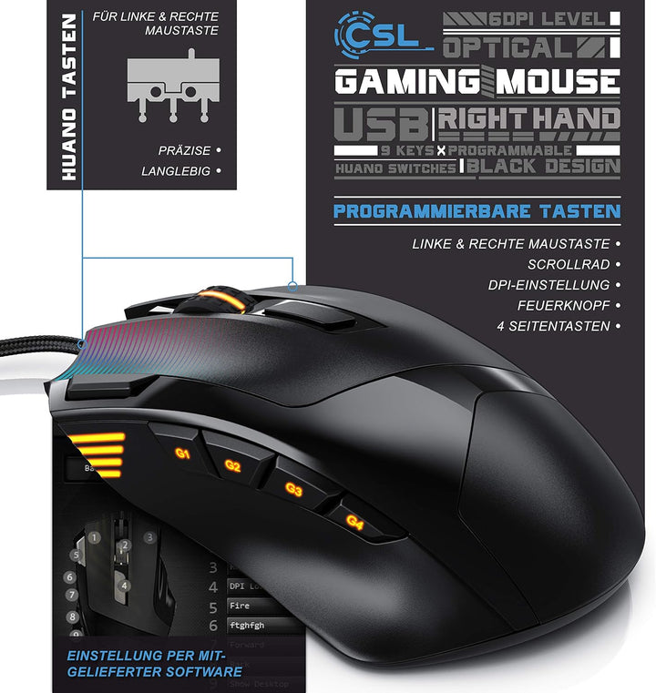 CSL - 4800 DPI Gaming Maus mit RGB Beleuchtung – optische Computermaus - 9 Tasten – 600-4800 DPI – 7