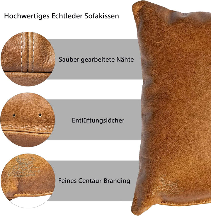 Centaur - Deko Lederkissen 50 x 40 cm für Sofa oder Schlafzimmer Cognac/Vintage - Echt Leder Kissen