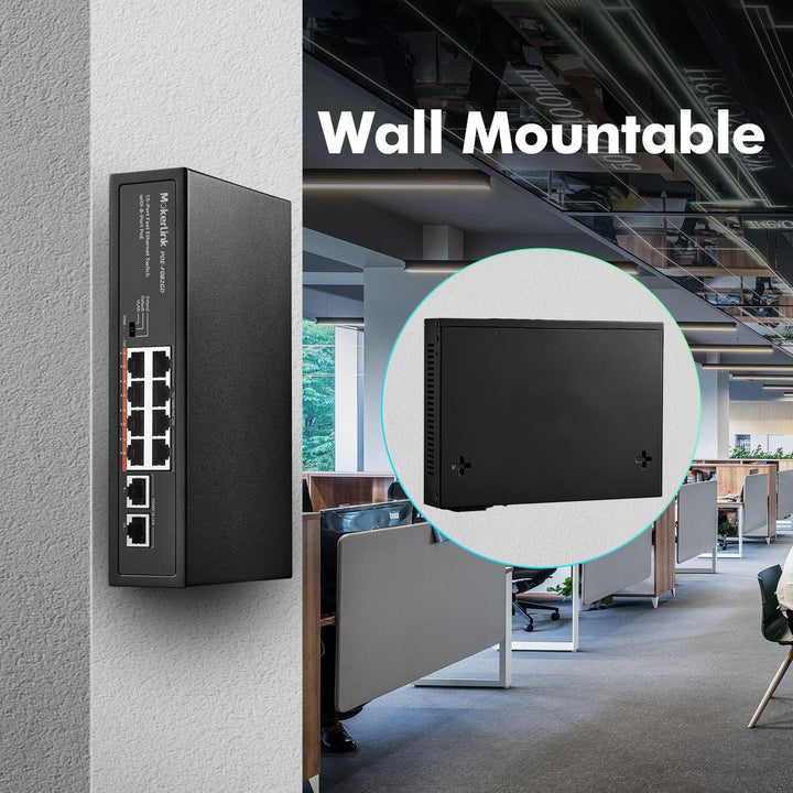 MokerLink 10 Port PoE Switch, 8 PoE+ 100Mbps, 2 Gigabit Uplink, 96W 802.3af/at, Lüfterloses Plug & P
