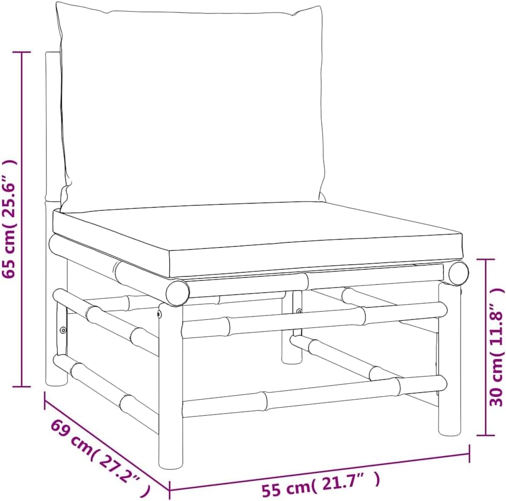 vidaXL 3-TLG. Garten-Lounge-Set mit Hellgrauen Kissen Bambus Mittelteil + Fussstütze + Tisch Hellgra