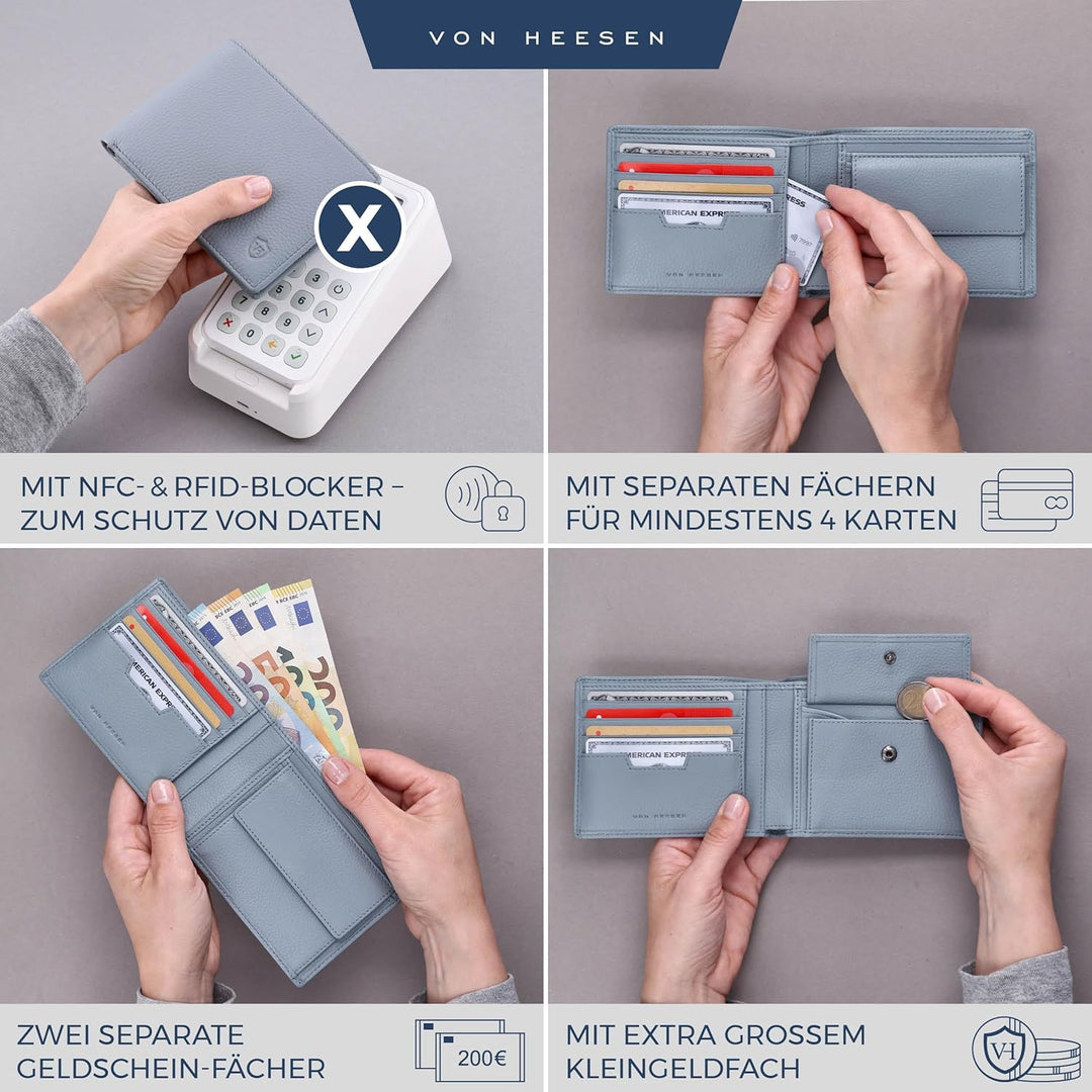 VON HEESEN Leder Geldbörse RFID Schutz I Echtleder Geldbeutel für Damen & Herren I Portemonnaie Brie