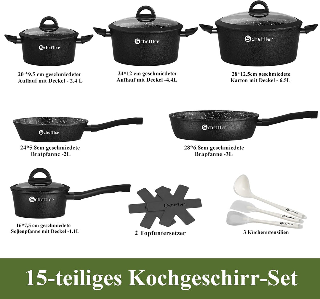 Topfset induktion Scheffler 15tlg Kochtopf Set,Antihaftbeschichtung Induktions Töpfe Set,Topfset Ind