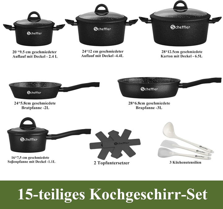 Topfset induktion Scheffler 15tlg Kochtopf Set,Antihaftbeschichtung Induktions Töpfe Set,Topfset Ind
