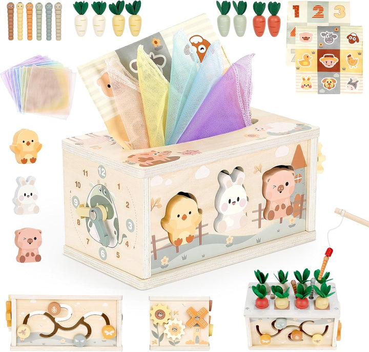 Vanplay Montessori Spielzeug Baby 12 Monate, 6 in 1 Tücherbox Baby Spielzeug ab 1 Jahr, Holzspielzeu