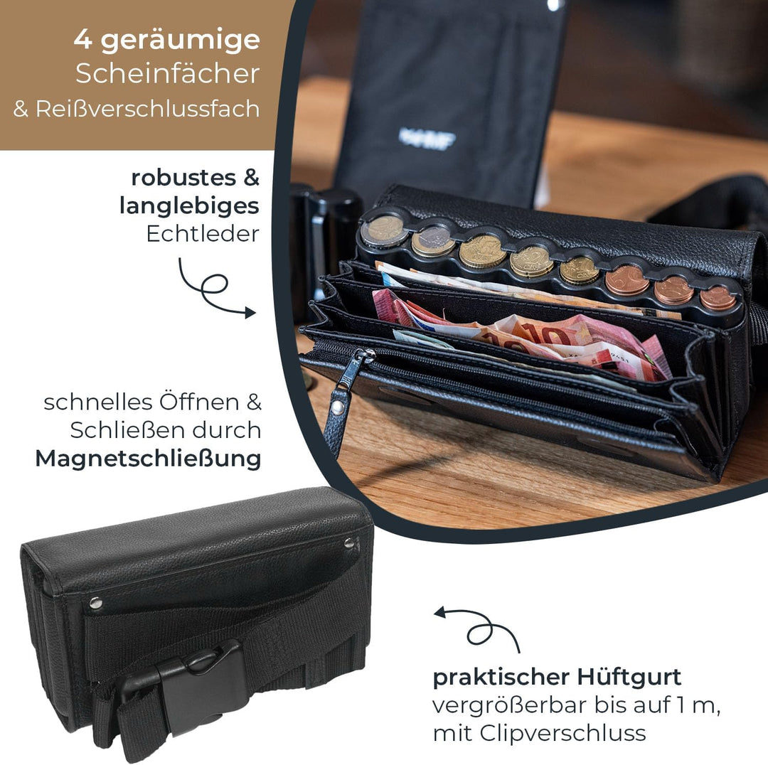 HMF 48830-02 Kellnertasche Leder, Kellnerbörse inkl. Euro-Geldwechsler, Tragegurt, 20,5 cm x 6,5 cm