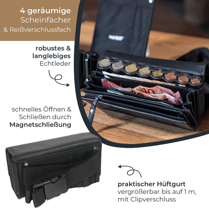 HMF 48830-02 Kellnertasche Leder, Kellnerbörse inkl. Euro-Geldwechsler, Tragegurt, 20,5 cm x 6,5 cm