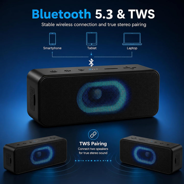 Ortizan Bluetooth Lautsprecher, Musikbox Bluetooth 5.3, Dualen Bass-Treibern, 24H Akku, 6 Lighting E