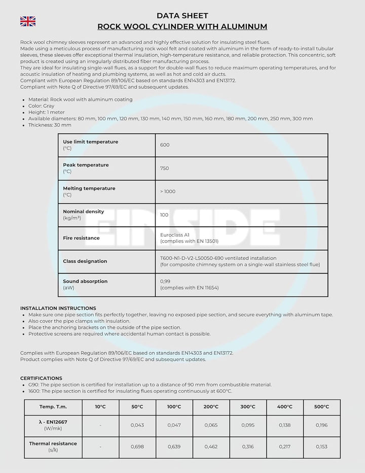 Rohrschale aus Steinwolle mit Aluminiumüberzug, Isolierung für Kaminrohre und Heizungen 120