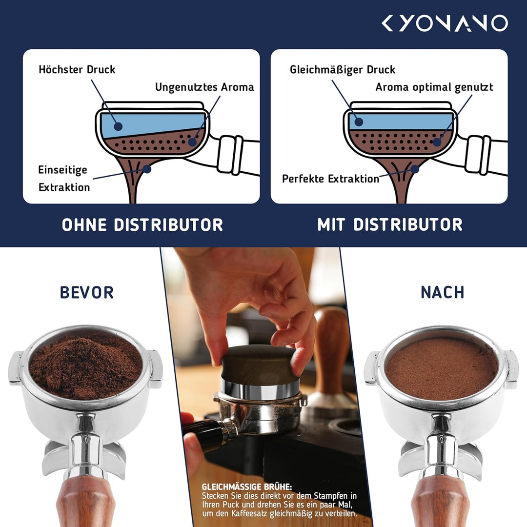 KYONANO Distributor 53.3mm höhenverstellbar, Kaffeepulver-Verteiler aus Premium Edelstahl & Walnussb