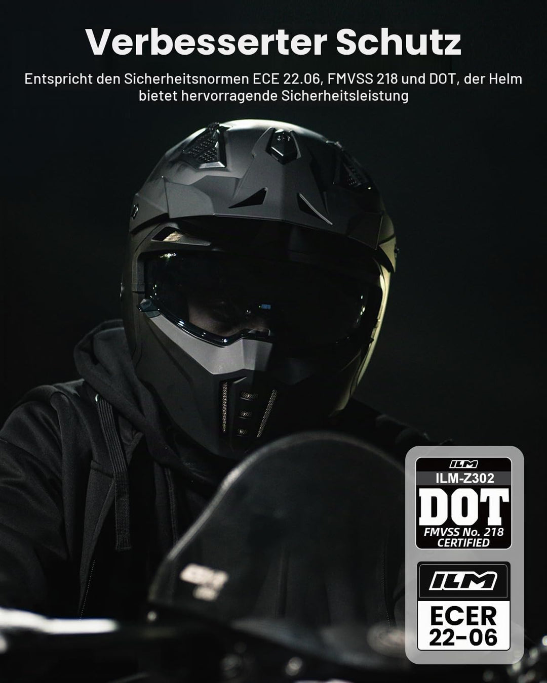 ILM Helm Motorrad Motocross Herren Damen Vintage Retro mit Visier ECE Model Z302,Schwarz Matt, XL XL