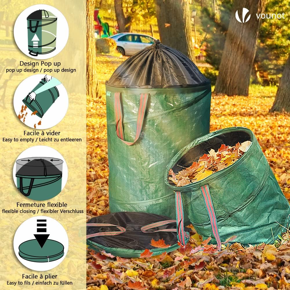 VOUNOT Pop Up Gartensack mit Griffen und Kordelzugverschluss 3er Set 100 L, Faltbarer Laubsack Selbs